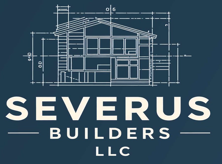 Severus Builders LLC logo: a blueprint-style elevation drawing of a modern home above the company name